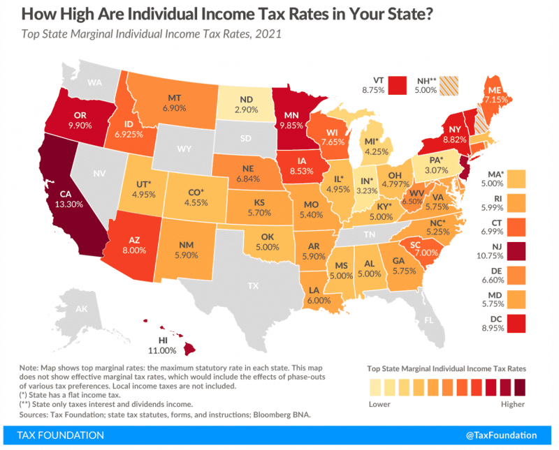 map of income taxes for each state 2021