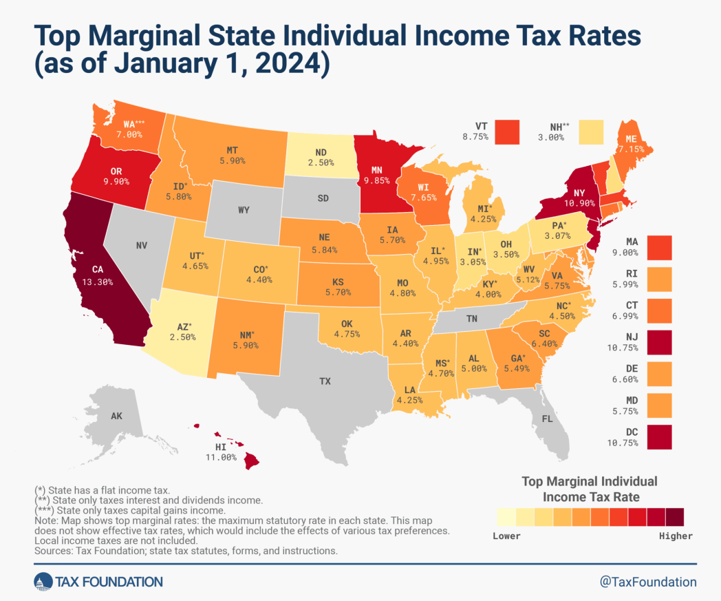 A map of the united states showing the tax rate for each state. California is the highest at 13.30%