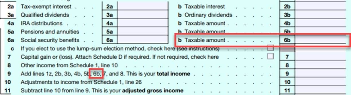 A picture of a 1040 income tax form with the fields highlighted that contribute to IRMAA MAGI