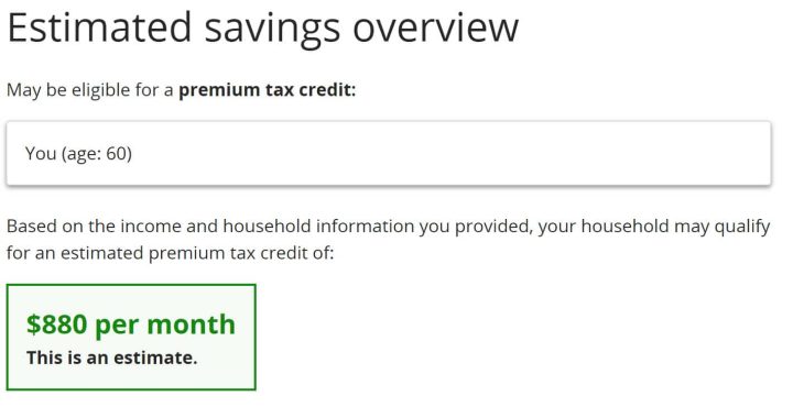 image of $880 monthly tax credit available for those with low income on healthcare.gov